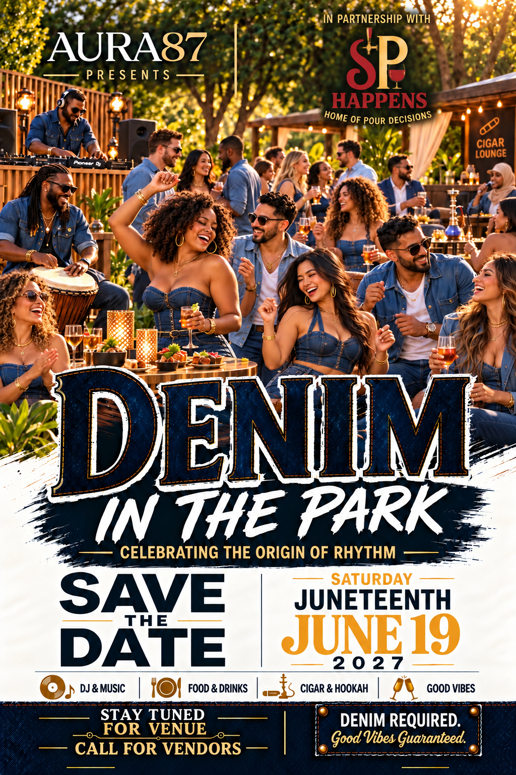 AURA87 presents Denim in the Park in partnership with Sip Happens. Celebrating the Origin of Rhythm. Juneteenth, Saturday June 19, 2027. DJ and music, food and drinks, cigar and hookah, good vibes. Venue and vendor call coming soon. Denim required.
